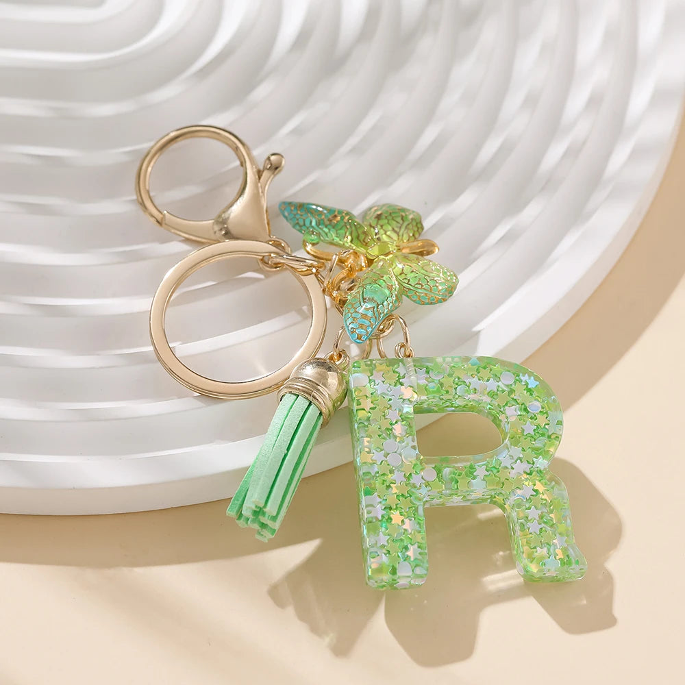 A-Z Initial Letter Resin Keychain - Green Butterfly Lobster Key Ring & DIY Charm