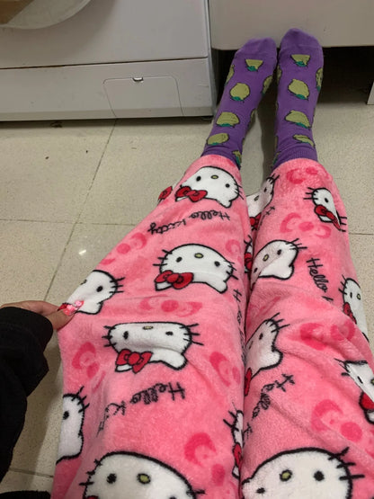 Y2K Hello Kitty Sanrio Pajama Pants – Women’s Anime Cartoon Sleepwear, Cozy Couple Home Trousers