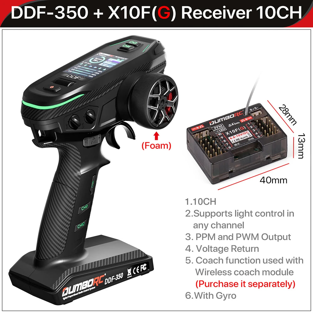 DUMBORC 2.4G 10CH Digital Radio Remote Controller – DDF-350 Transmitter with Receiver for RC Car, Boat, Tank, LCD FHSS System