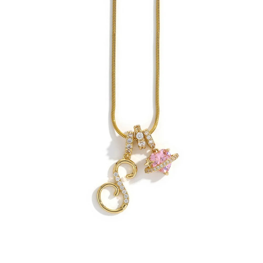Gold Zircon Flower Letter Necklace - A-Z Alphabet Pendant Jewelry Gift for Women