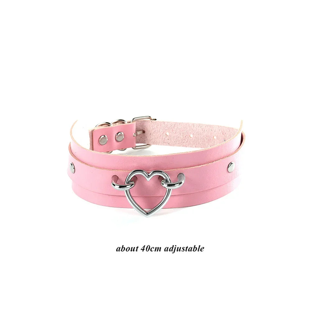 Pink Gothic Collar Necklace – Trendy Rock Leather Heart with Rivets, Harajuku Punk Choker Jewelry for Women, Gift Idea