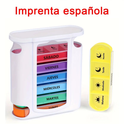 Weekly Pill Box 28 Compartments — 7-Day, 4-Dose Daily Pill Organizer with Spanish Printing