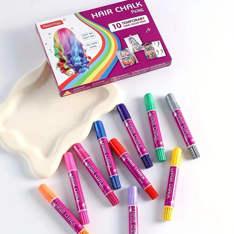 10-Piece Hair Chalk Pen Set – Temporary Washable Non-Toxic Hair Color for Festivals, Halloween & Parties