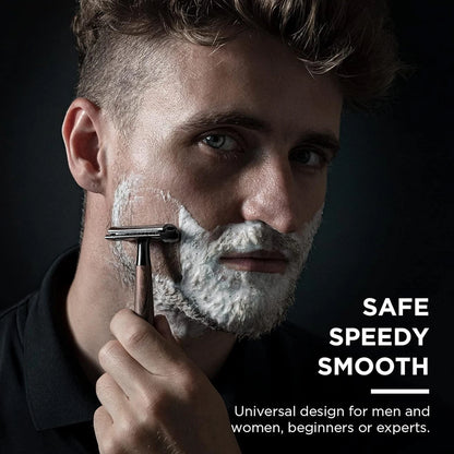 Double Edge Safety Razor – Faux Wood Zinc Alloy Handle with 5 Swiss Stainless Steel Blades, Heavy Duty Eco-Friendly Shaver