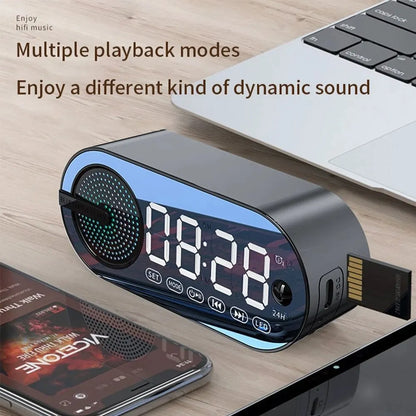 Quiet Wireless Bluetooth Speaker Alarm Clock – RGB TWS LED Mirror Digital Clock with USB, FM, Large Display for Living Room & Office