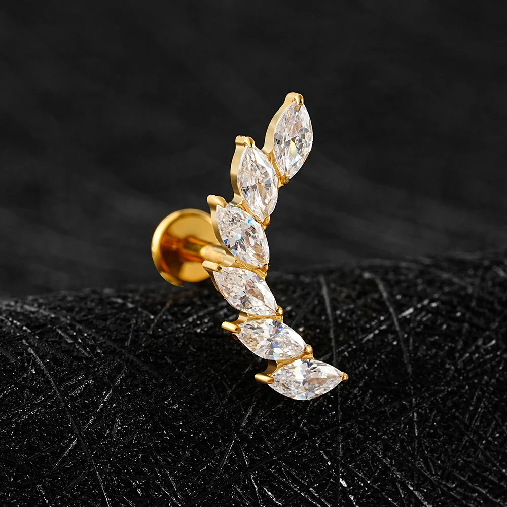 Right Grand ASTM F136 Titanium 16G Ear Climber CZ Cartilage Earring – Curved Marquise Helix, Tragus & Labret Flat Back Piercing Stud