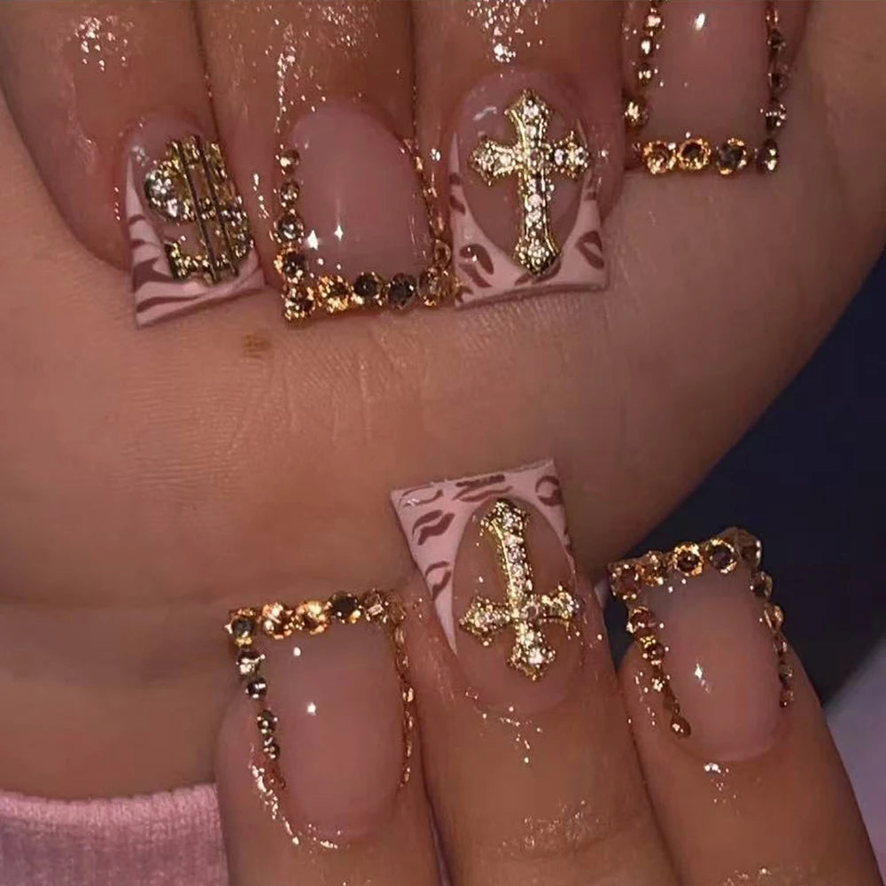 10PCS French Tip Press-On Nails - Short Square Nude Gold Glitter Leopard Nail Set