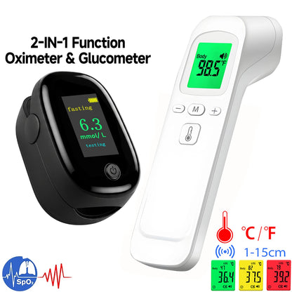 Non-Contact Infrared Thermometer or 2-in-1 Glucometer and Oximeter - Digital Body Temperature, Blood Glucose and Blood Oxygen Monitoring Devices
