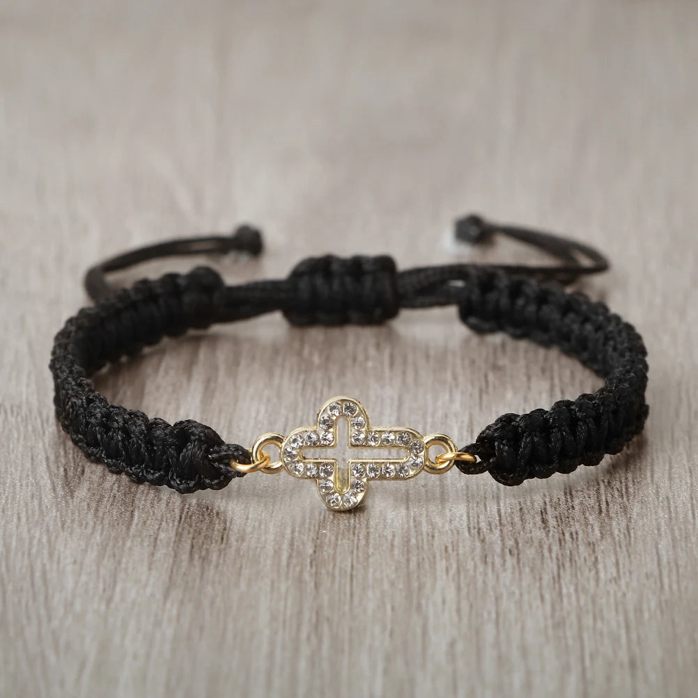 Crystal Hollow Cross Bracelet - Braided Prayer Healing Bangle Jewelry Gift for Women & Yoga Lovers