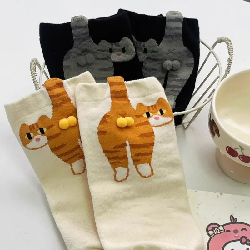 Funny 3D Cat Socks - 4-Piece Set of Quirky Cotton Cartoon Crew Socks for Gifts