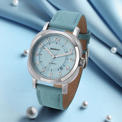 BERNY Women’s Mechanical Watch — Self-Wind Pillow Cushion Design with Sapphire Crystal, Super Luminous Display, Canvas Strap, and Calendar Function