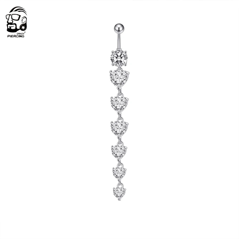 14G Surgical Steel Belly Button Ring – 7 Heart Crystal Long Dangle Navel Piercing Jewelry for Women