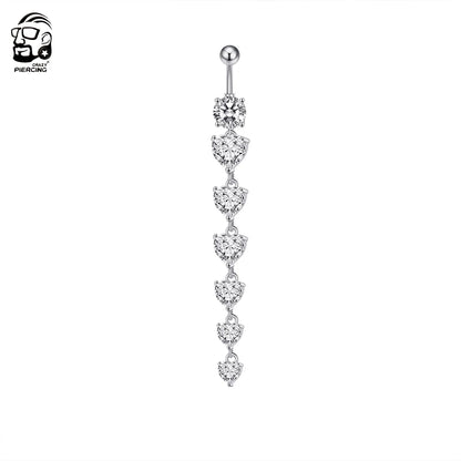 14G Surgical Steel Belly Button Ring – 7 Heart Crystal Long Dangle Navel Piercing Jewelry for Women