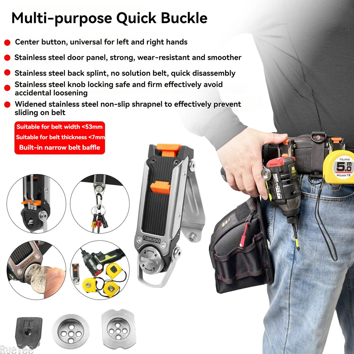Quick-Hang Tool Buckle with Bits Hook - Narrow Tape Measure & Electric Drill Holder for Electricians