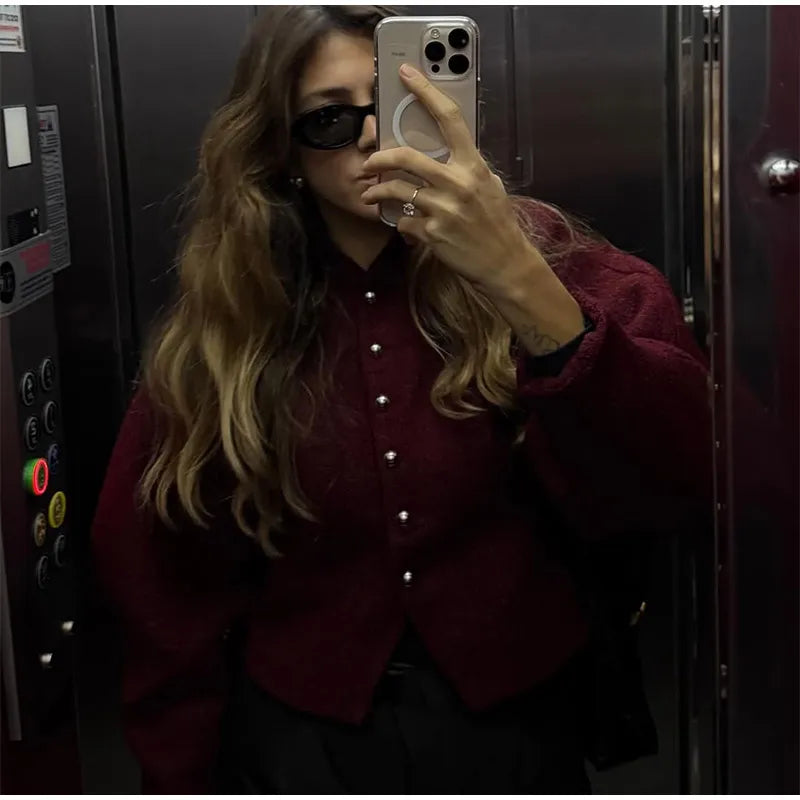 2025 Women's Burgundy Red O-Neck Woolen Coat – Casual Single-Breasted, Long Sleeve Short Jacket for Spring
