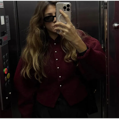 2025 Women's Burgundy Red O-Neck Woolen Coat – Casual Single-Breasted, Long Sleeve Short Jacket for Spring