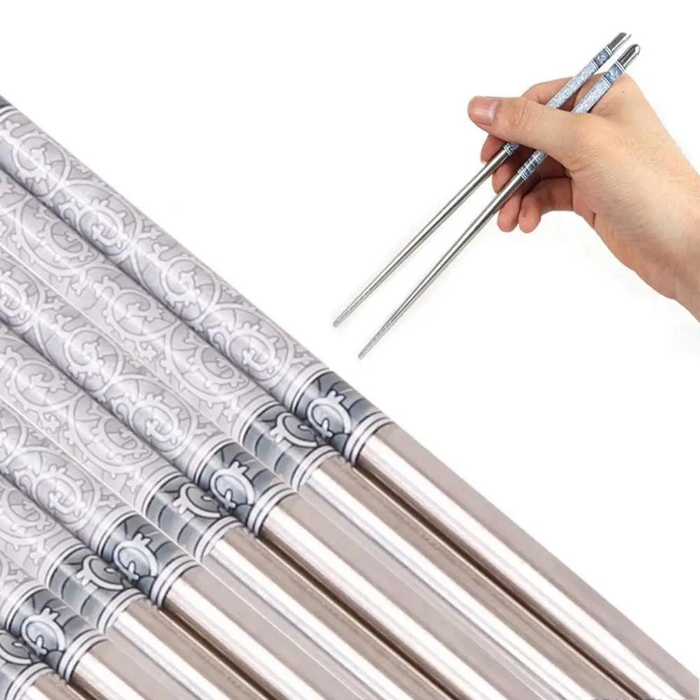 Blue and White Print Steel Chopsticks - Durable Kitchen Tableware for Food Enjoyment