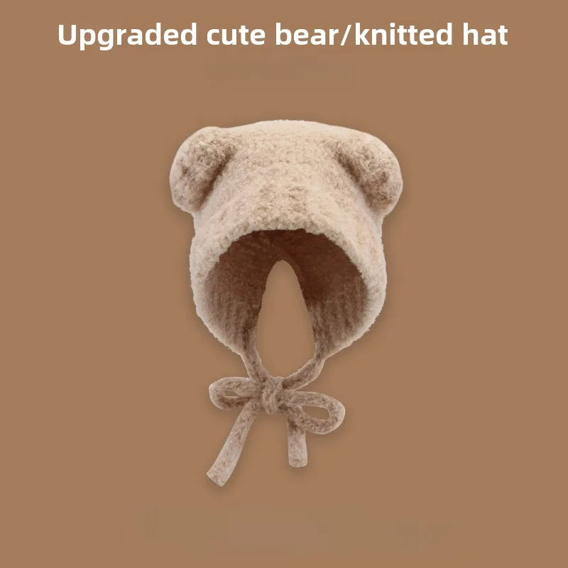 Bear Ear Knitted Winter Hat - Warm Lace-Up Ear Protection Cap for Women