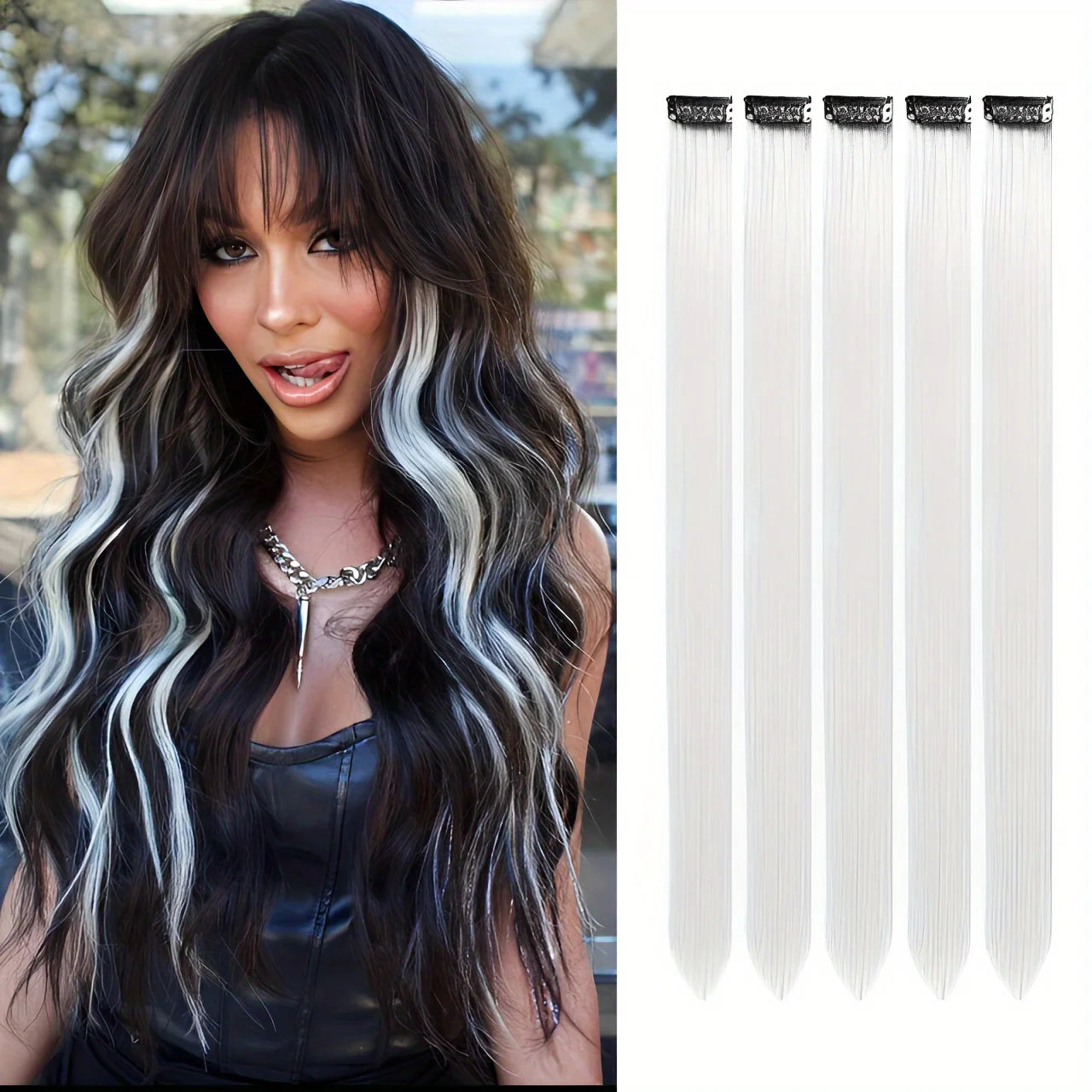 5PCS Long Straight Clip-In Hair Extensions - Synthetic Hairpieces for Women, Cosplay & Parties