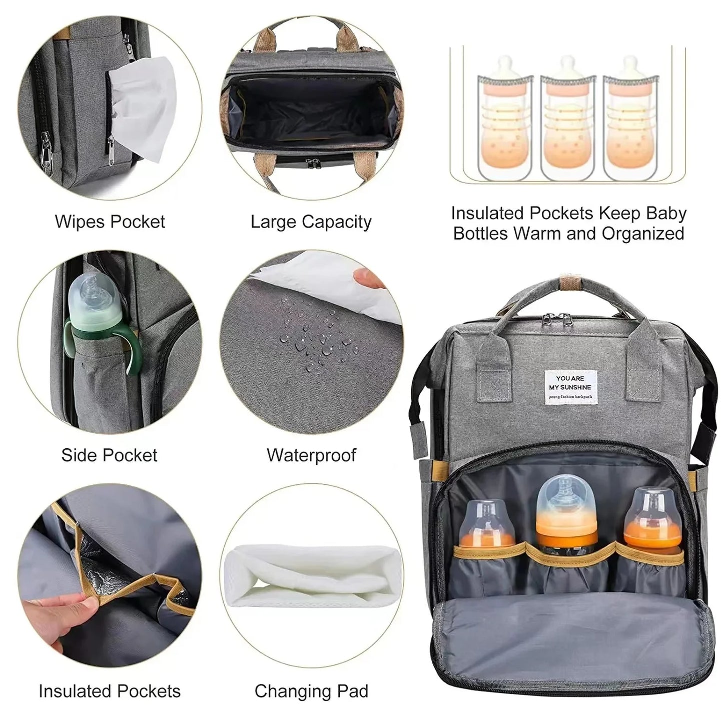 Foldable Bed Diaper Bag with Changing Station - Insulated Pocket, Large Capacity, Multifunctional Double Shoulder Mommy Bag