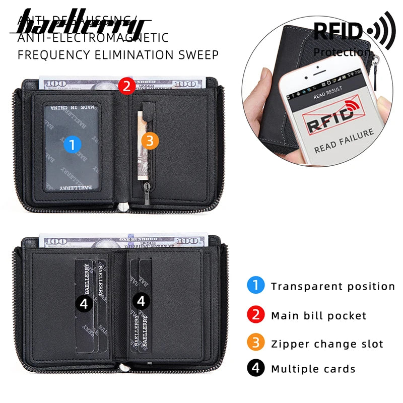 Baellerry RFID Short Men’s Wallet — Luxury Zipper Card Holder with Coin Pocket & Photo Slots