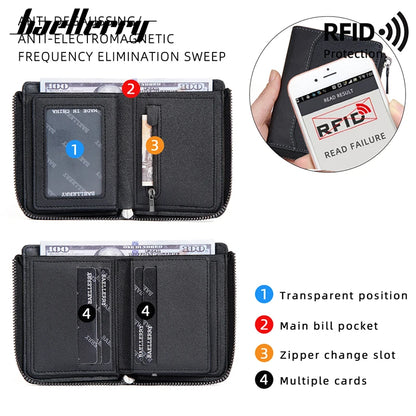 Baellerry RFID Short Men’s Wallet — Luxury Zipper Card Holder with Coin Pocket & Photo Slots