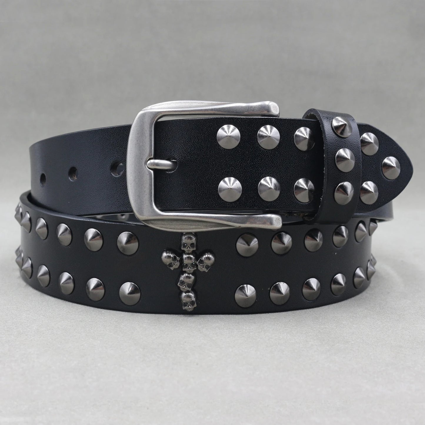 Men’s Designer Rivet Belt – Genuine Cowhide Leather Punk Rock Pin Belt for Jeans, Luxury Black Leather Belt