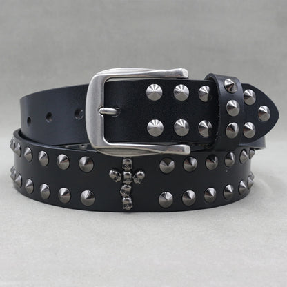 Men’s Designer Rivet Belt – Genuine Cowhide Leather Punk Rock Pin Belt for Jeans, Luxury Black Leather Belt