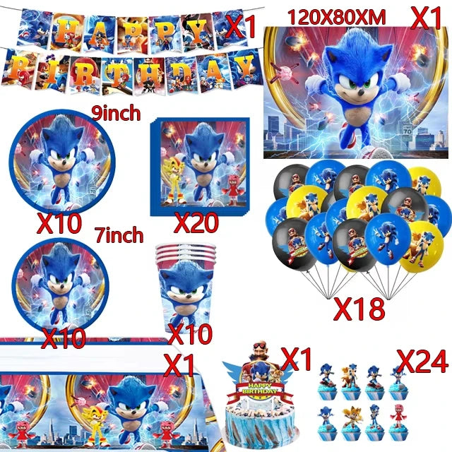 Sonic Cartoon Party Supplies Set – Disposable Tableware with Plates, Cups, Napkins & Balloons for Boys’ Birthday & Baby Shower Decor