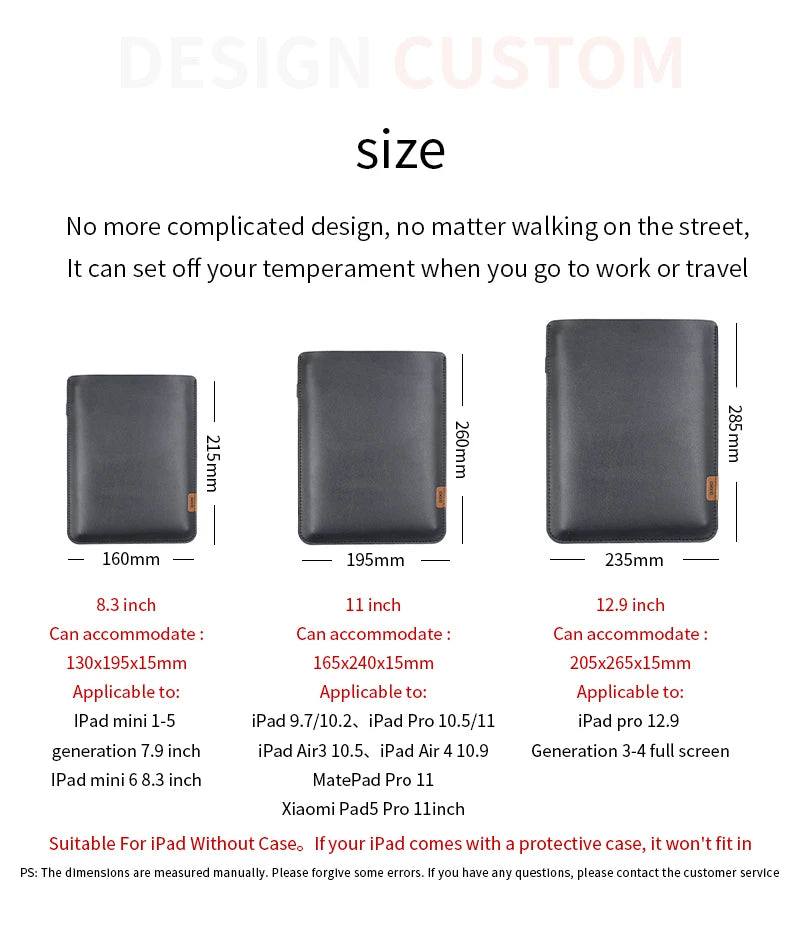 Ultra-Thin PU Leather Tablet Sleeve - Side Access Pen Slot Bag for iPad Mini, Air & Pro 8.3/10.9/11/12.9/13 Inch