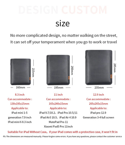 Ultra-Thin PU Leather Tablet Sleeve - Side Access Pen Slot Bag for iPad Mini, Air & Pro 8.3/10.9/11/12.9/13 Inch