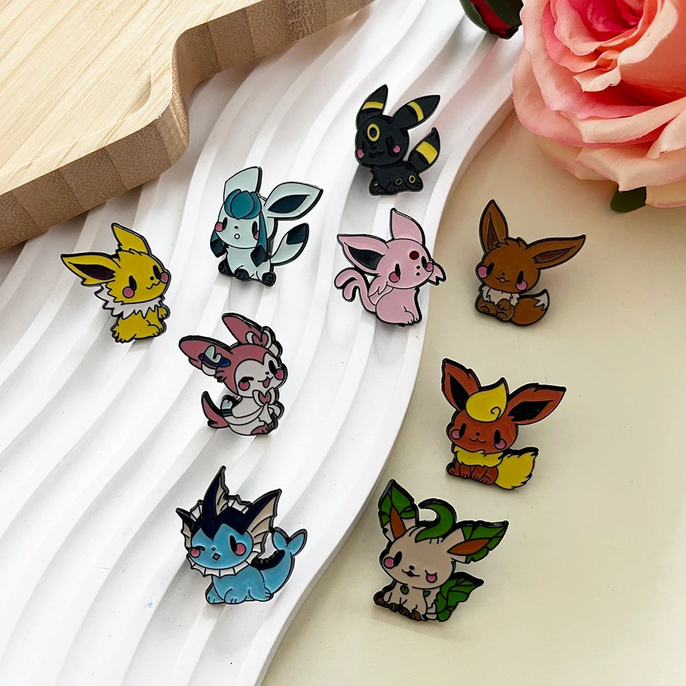 9PCS Anime Eevee Enamel Brooch Set - Cute Metal Lapel Pins for Clothing, Backpacks & Fan Gifts