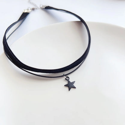 Black Velvet Pentagram Choker - Double Pendant Strap Necklace for Women, Gothic Fashion Accessory