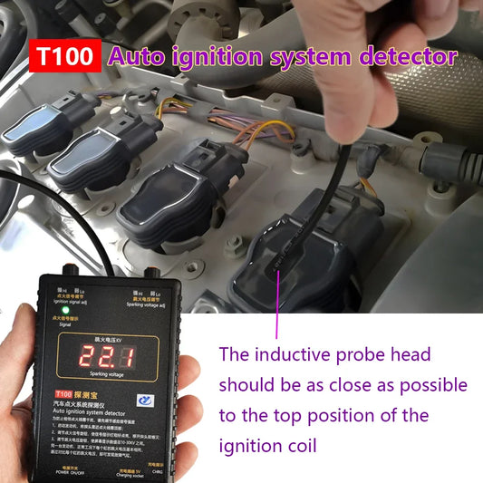 T100 Auto Ignition System Tester — 12V/24V Detector for Ignition Signal & Spark Voltage Testing