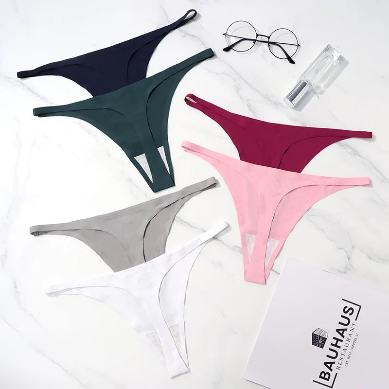 Ice Silk Seamless Thong Panties for Women – Soft Satin Bikini Underwear, Thin Band Tangas Mujer