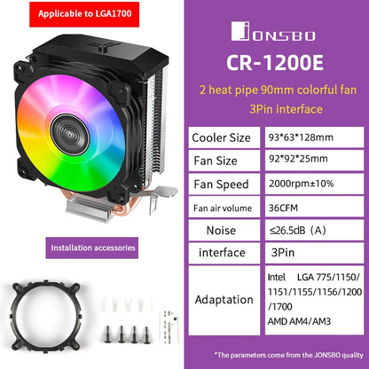 Jonsbo CR1200 CPU Cooler — 2 Heat Pipe Tower with RGB 9cm Fan for Intel LGA115X/775 & AMD AM4