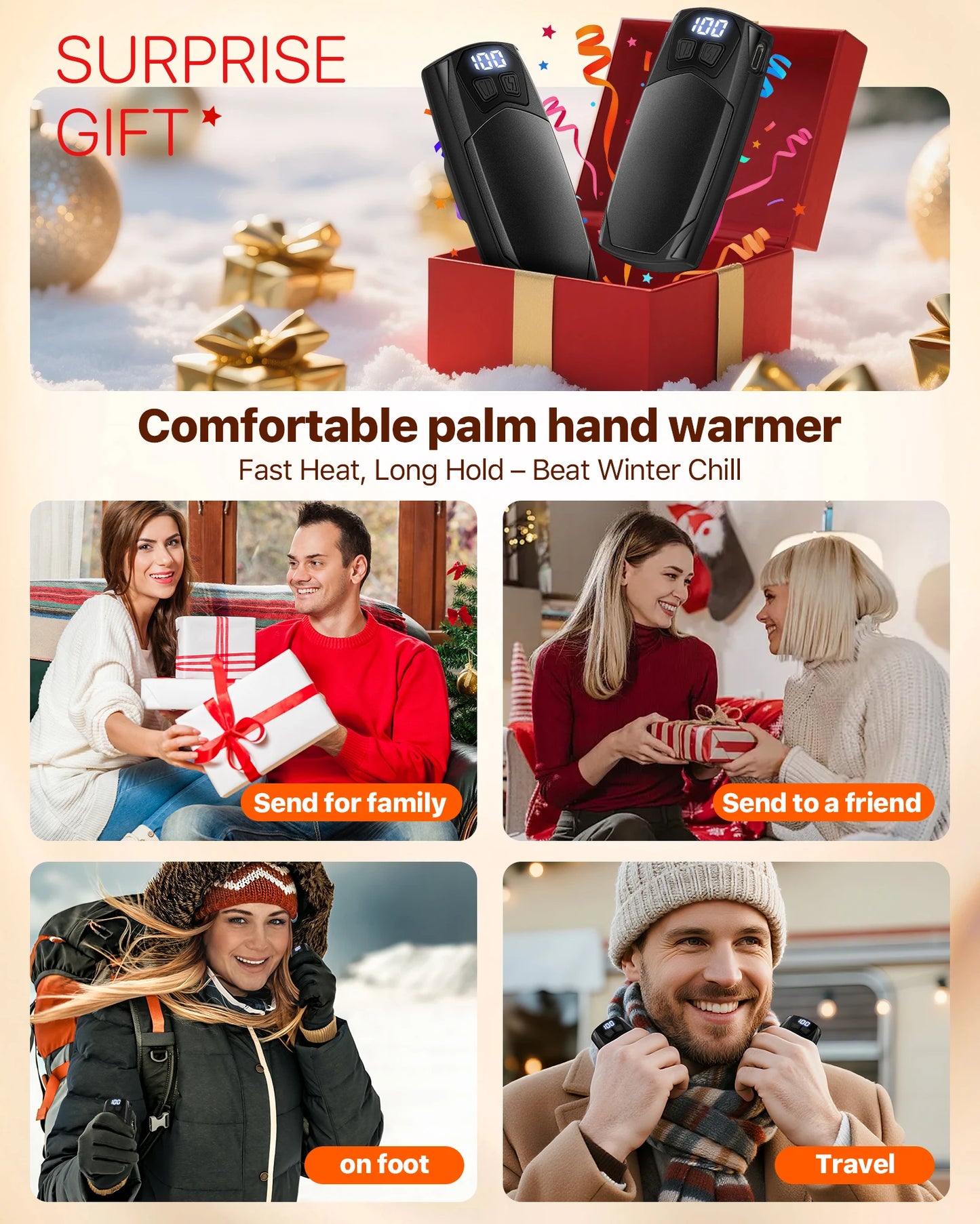 Rechargeable Hand Warmers 2-Pack – 3000mAh Each, Fast-Heating Portable Electric Pocket Heater for Outdoor Camping