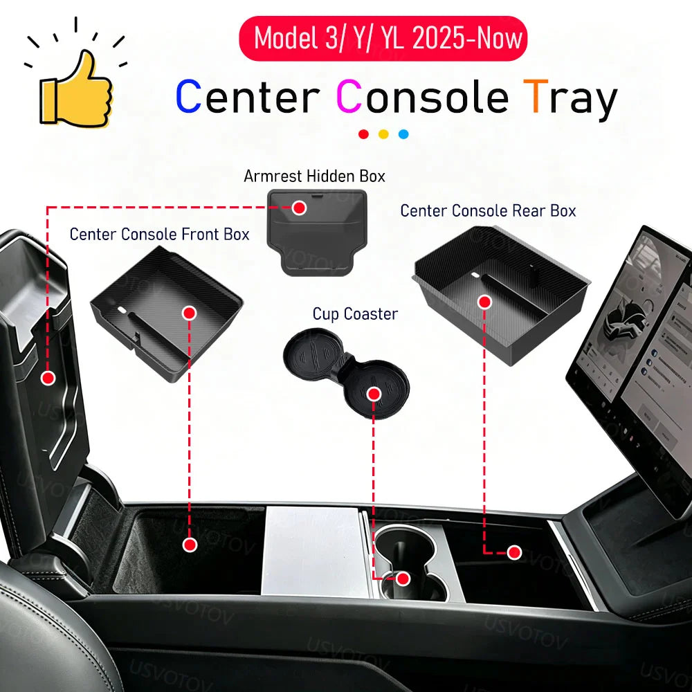 Tesla Center Console Organizer Tray – Storage Box and Cup Holder Insert for Model Y Juniper, Model 3 and Model YL (2025–2026)