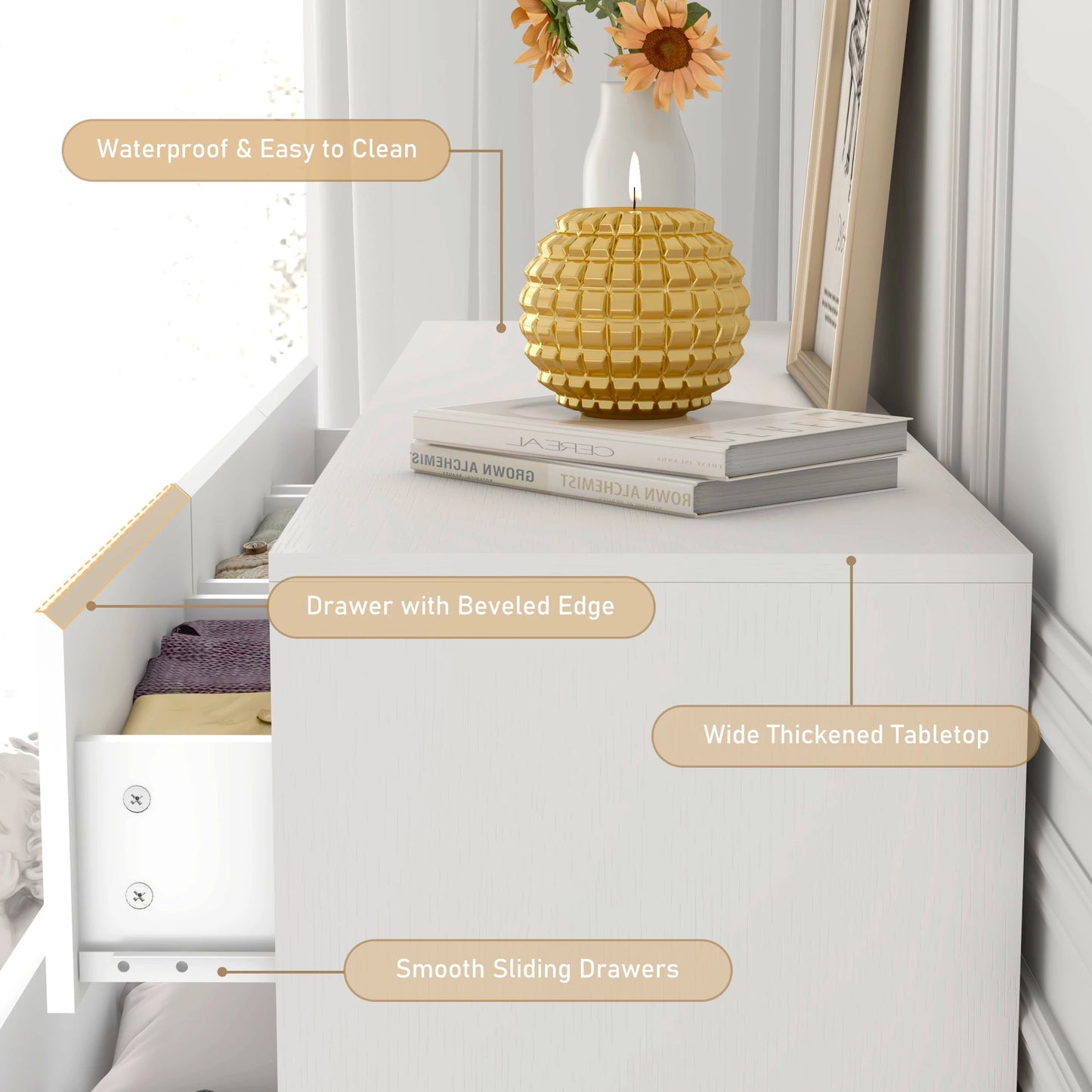 55-Inch Modern 7-Drawer Dresser – High Gloss White/Black Wooden Chest for Bedroom Storage