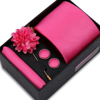 Men's Solid Color Tie Set - Jacquard Necktie, Hanky, Cufflinks & Brooch Gift Box for Weddings