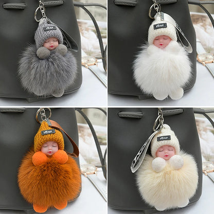 Cute Pompom Sleeping Baby Keychain - Fluffy Plush Doll Bag Charm, Key Ring & Gift for Women and Girls