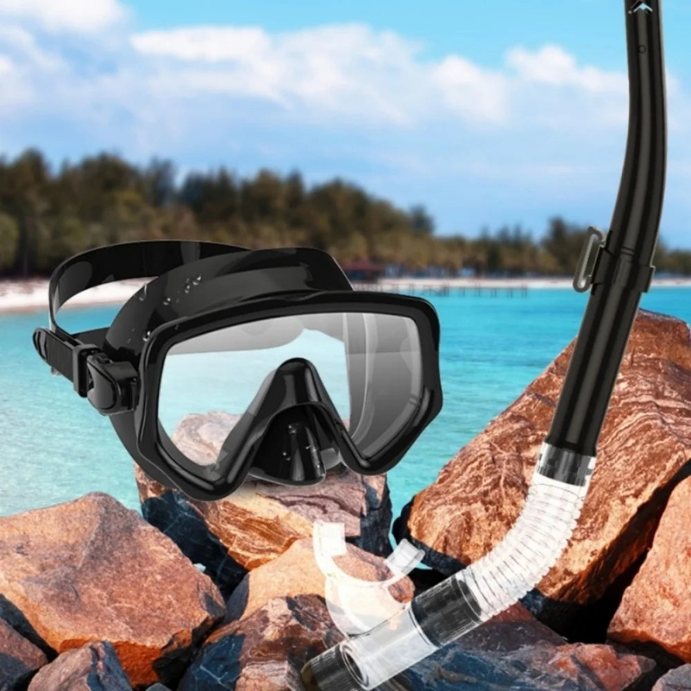 Dry Snorkel Set with Tempered Glass Diving Mask – Professional Panoramic Snorkeling & Swimming Training Gear for Adults