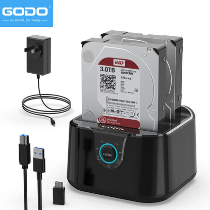 GODO Dual Bay USB 3.0 Hard Drive Docking Station – SATA 2.5"/3.5" HDD & SSD Enclosure with LED Indicator and Fast Data Transfer