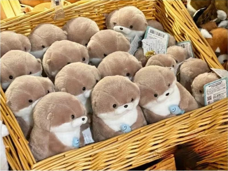 Cute Otters Holding Fish Plush Keyring - Lightweight Hanging Pendant, School Bag, Key Wallet & Toy Gift (11cm)