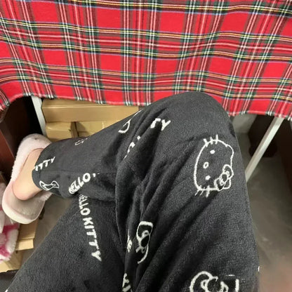 Thick Hello Kitty Fleece Pajama Pants – Soft Double Elastic Anime Trousers for Women, Cute Sanrio Birthday Gift