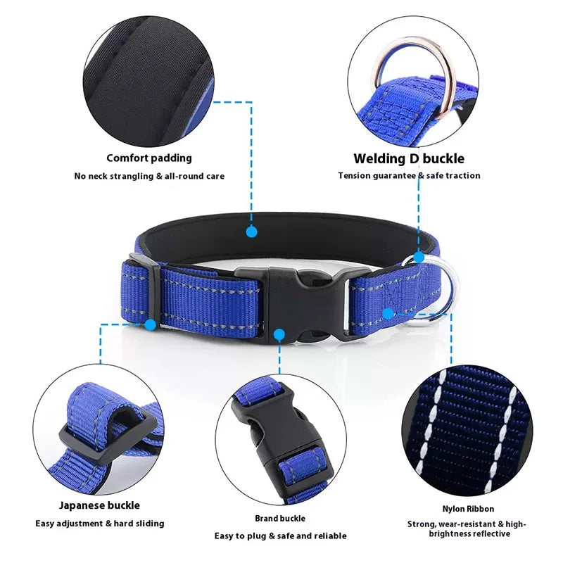 Reflective Dog Collar – Soft Neoprene Padded Nylon, Adjustable & Sturdy for Medium and Large Dogs