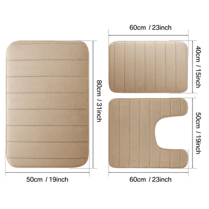 3PC Set Non-Slip Memory Foam Bath Mats - Soft, Water Absorbent, Quick-Dry, Machine Washable Floor Rugs