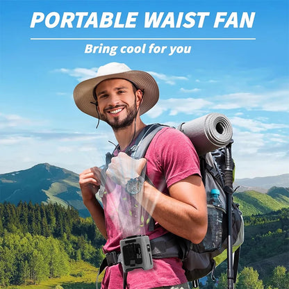 10000mAh Waist Clip Fan with Power Bank – Portable Hands-Free Rechargeable Fan | 5-Speed Cooling, Battery Display, USB Charging, Outdoor Wearable Fan
