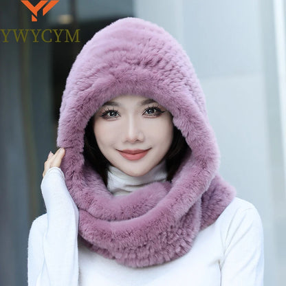 2025 Women’s Knitted Rex Rabbit Fur Hat – Hooded Scarf with Neck Collar, Long Winter Warm Fur Hat & Scarf Set