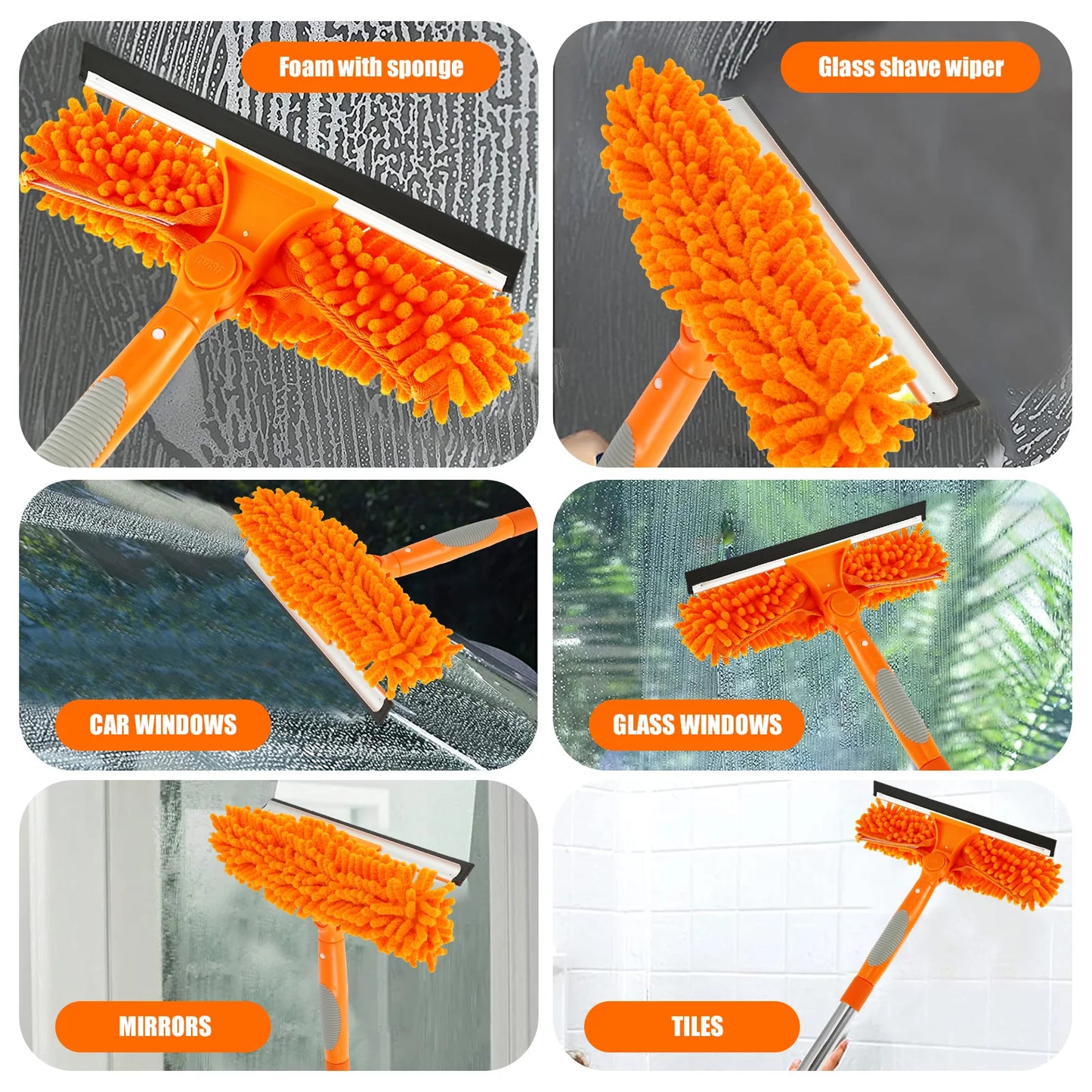 Extendable 180° Rotating Window Cleaner Tool Set – Long Handle Squeegee Mop & Dust Brush for Household Glass Cleaning